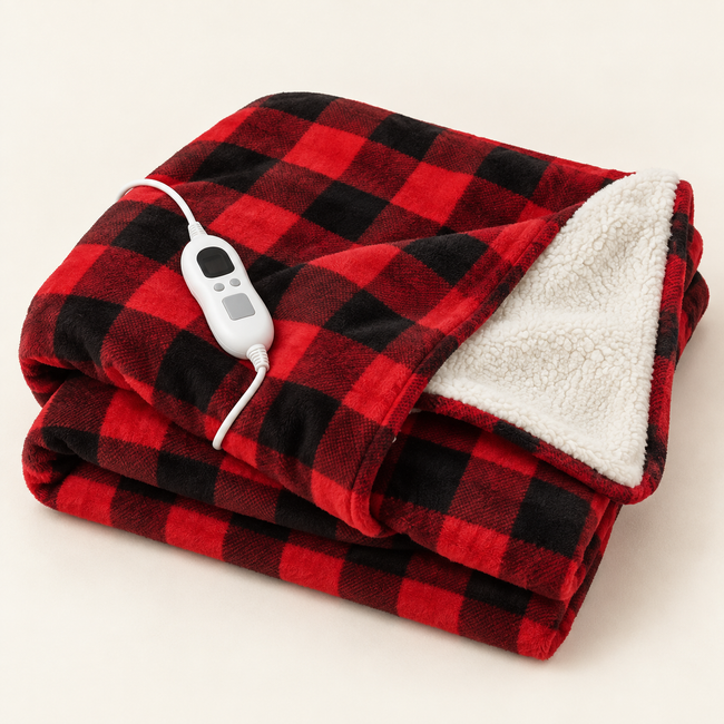 Red Check Sherpa Heated Throw – 6 Heat Settings & Timer