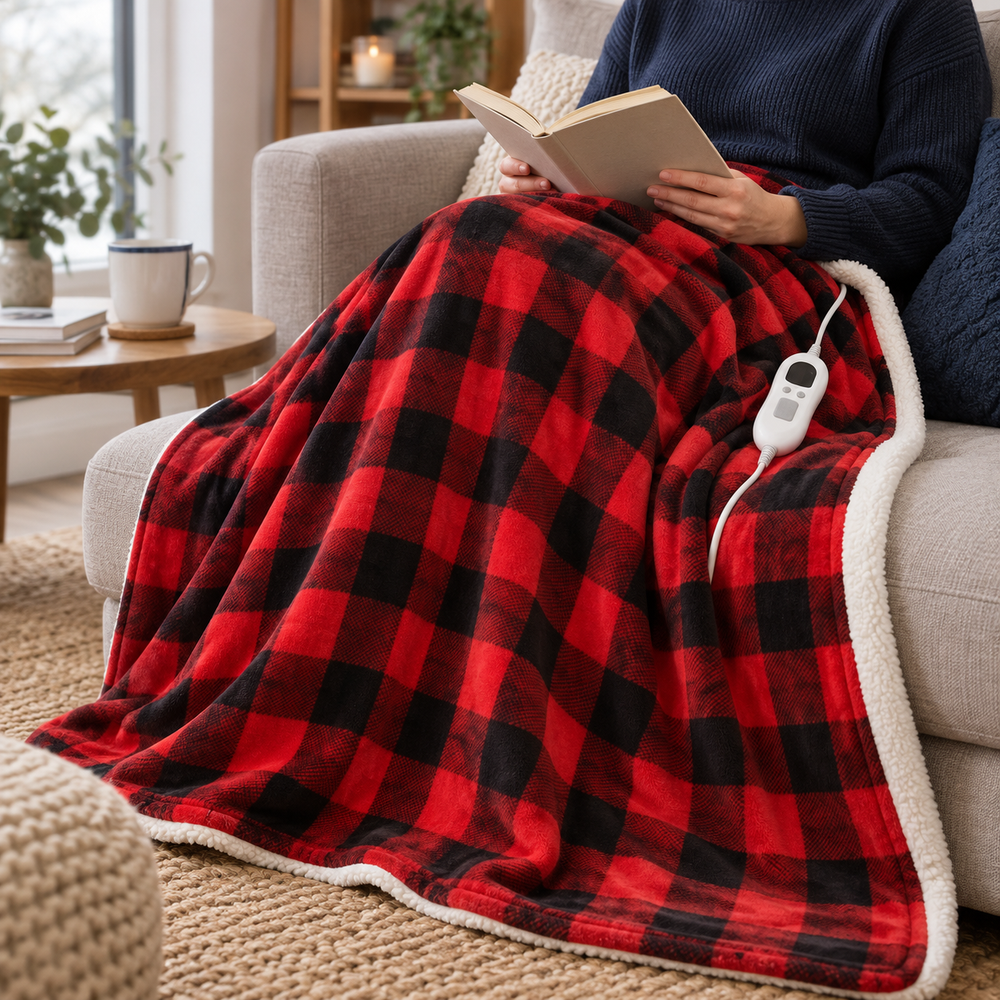 Red Check Sherpa Heated Throw – 6 Heat Settings & Timer