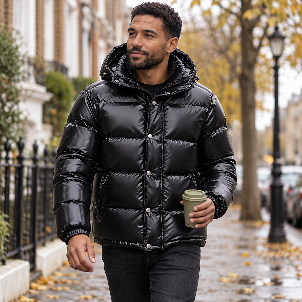 Men’s Glossy Hooded Puffer Jacket — Black
