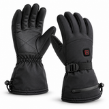 Jinlida JLD-S1 black heated gloves, showing the textured palm, red-outlined control, wrist strap and zipped cuff.