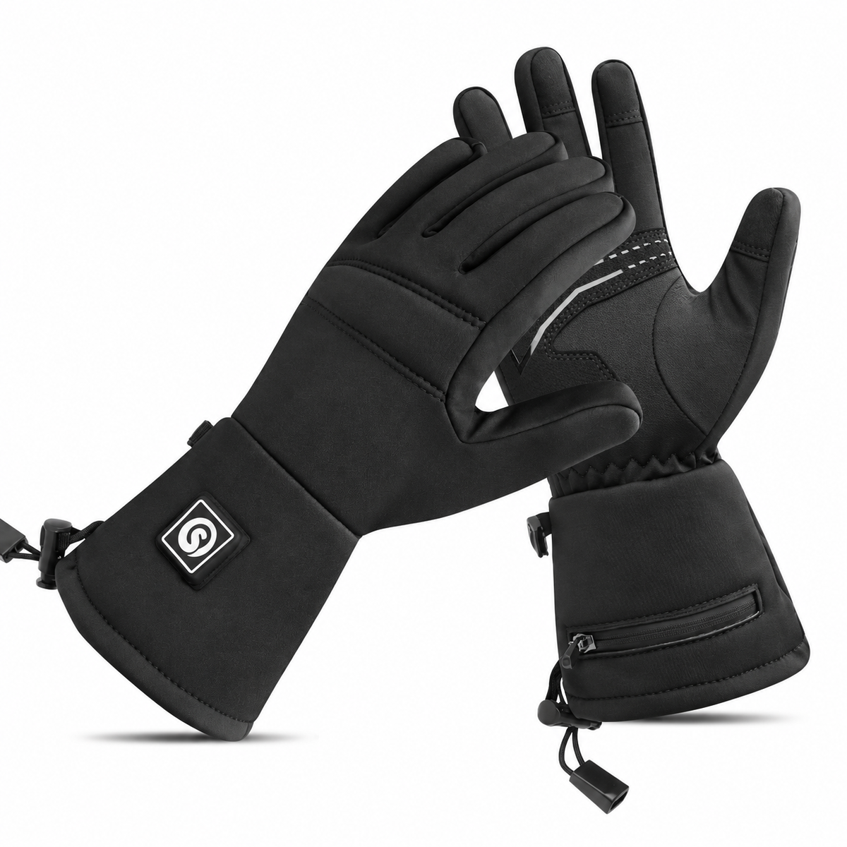 SAVIOR SHGS18 black heated gloves, showing the softshell back, textured palm and extended zipped cuff.