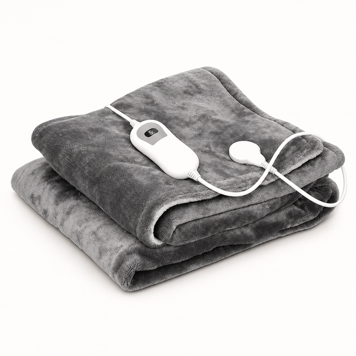 Grey Flannel Heated Throw Blanket – 160 × 120 cm, 3 Heat Settings