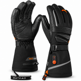 WASOTO WG002 black heated gloves, with palm and back views, grey cuff details and orange accents.