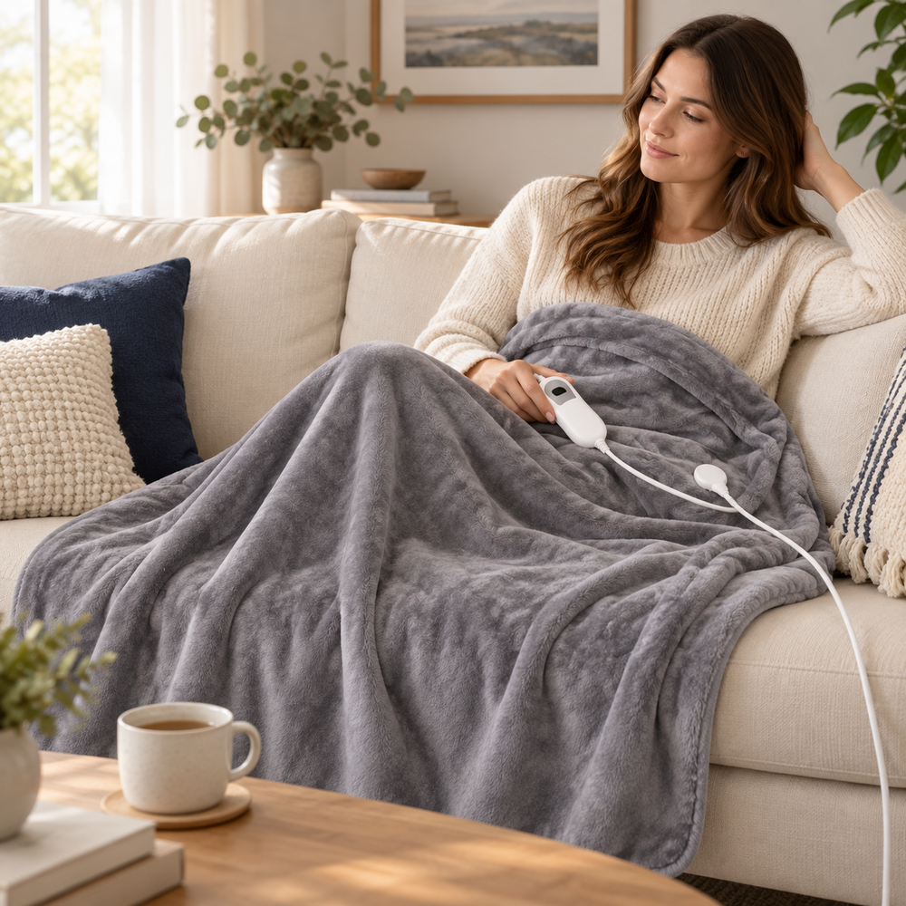 Grey Flannel Heated Throw Blanket – 160 × 120 cm, 3 Heat Settings