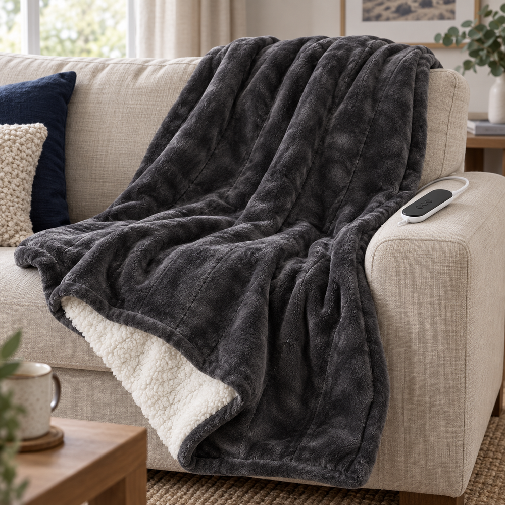 Charcoal Sherpa Heated Throw – Adjustable Heat & Timer