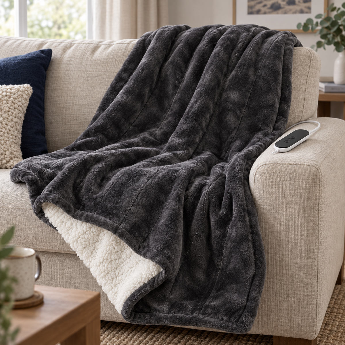 Charcoal Sherpa Heated Throw – Adjustable Heat & Timer