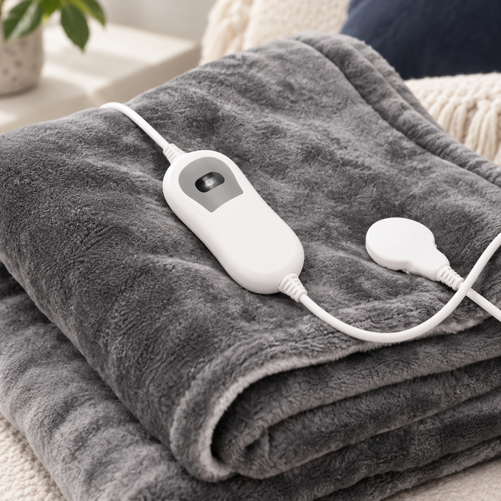 Grey Flannel Heated Throw Blanket – 160 × 120 cm, 3 Heat Settings