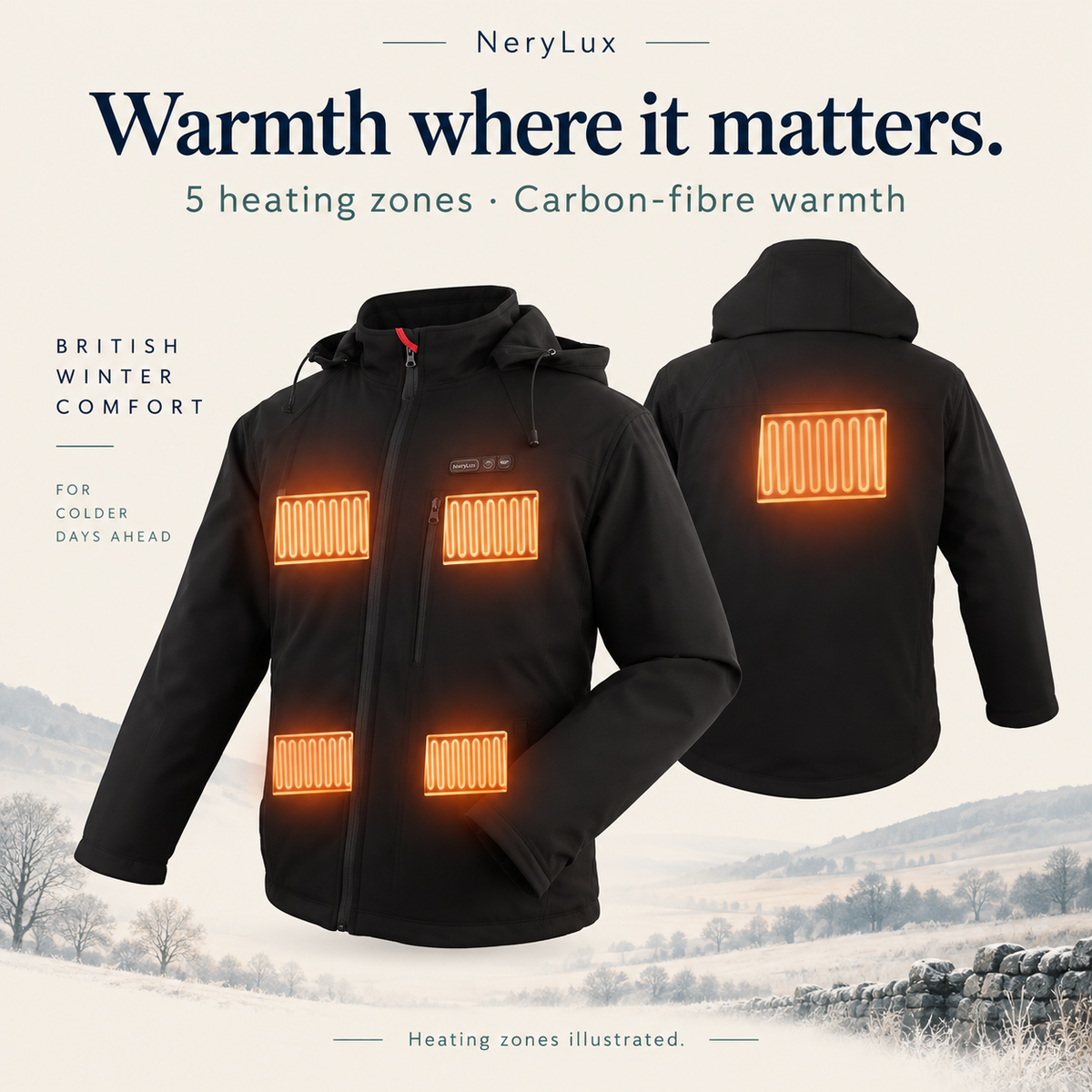 The Northward black heated jacket showing five heating zones: four at the front and one across the upper back.
