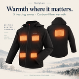 The Northward black heated jacket showing five heating zones: four at the front and one across the upper back.