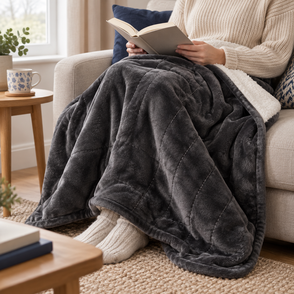 Charcoal Sherpa Heated Throw – Adjustable Heat & Timer