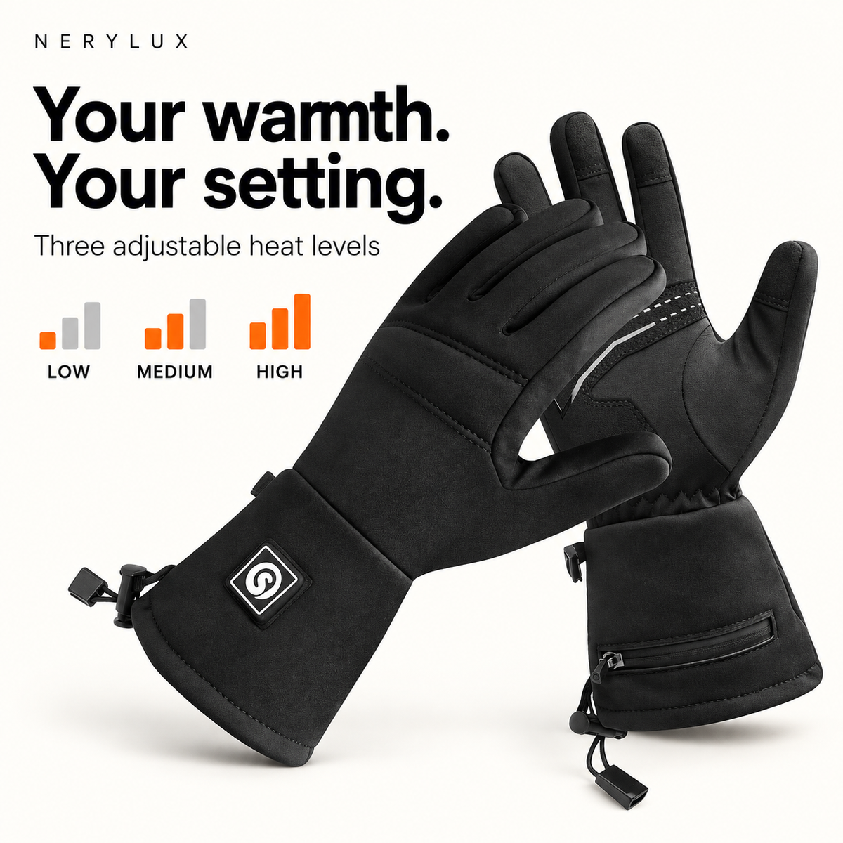 SAVIOR SHGS18 heated gloves with three adjustable heat settings.