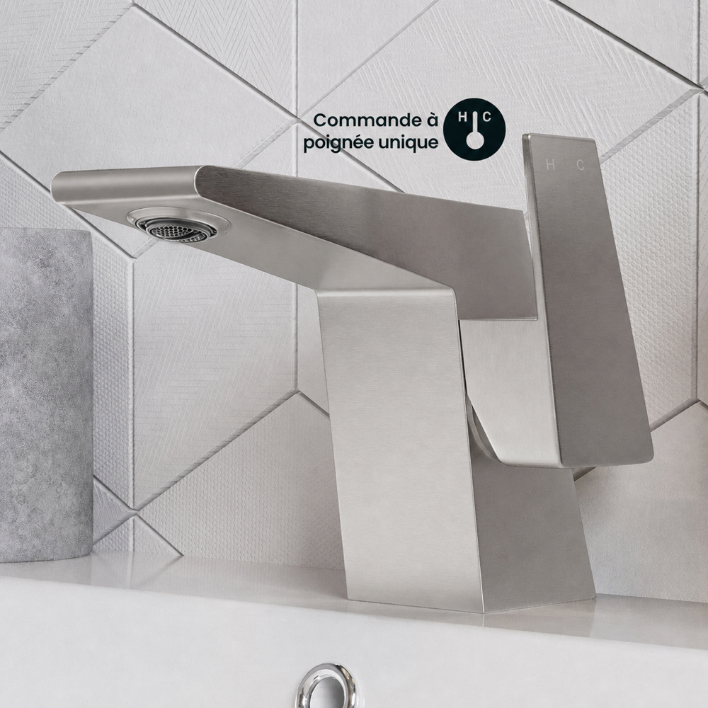 Carre monotrou, monocommande, mitigeur de lavabo – finition nickel brossé
