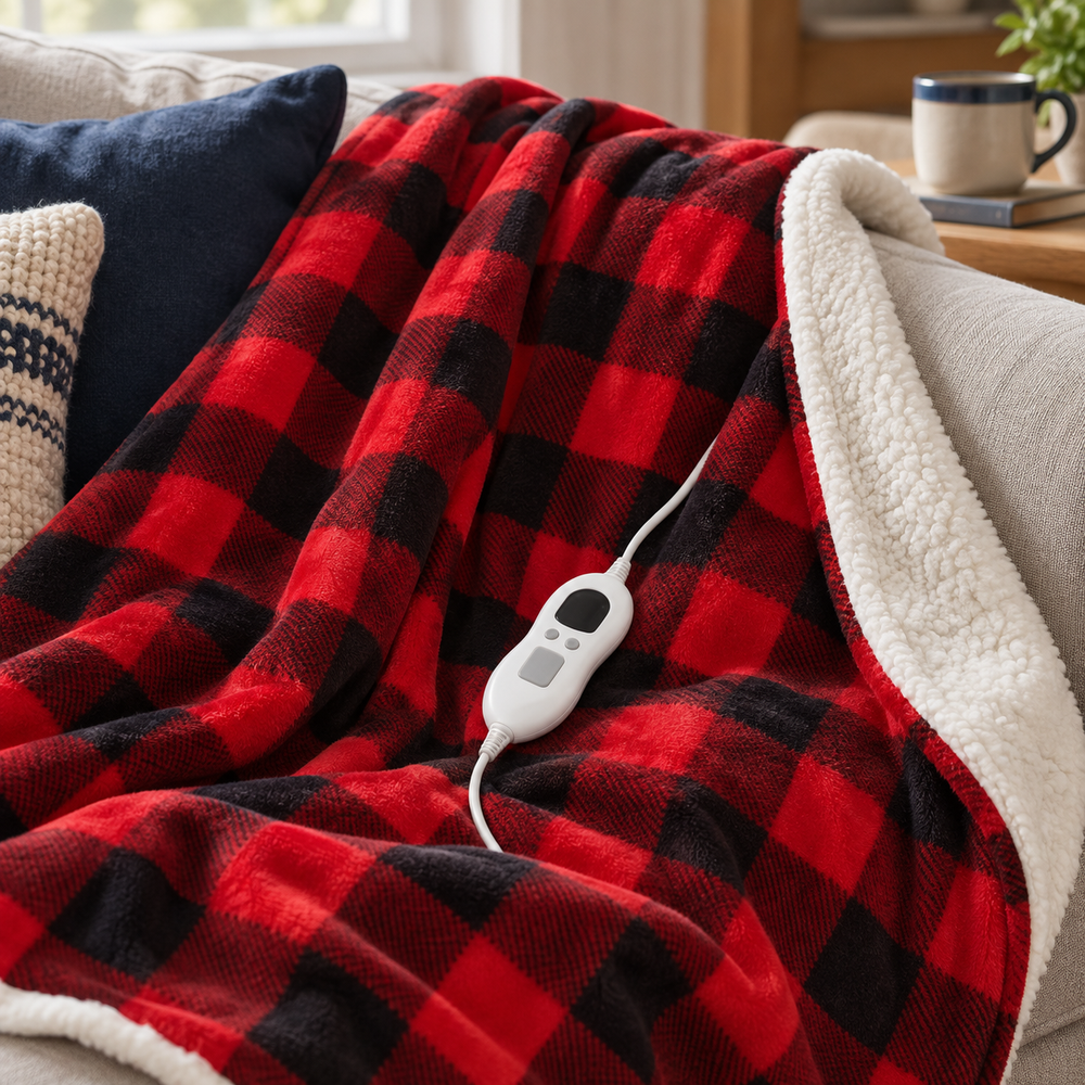 Red Check Sherpa Heated Throw – 6 Heat Settings & Timer