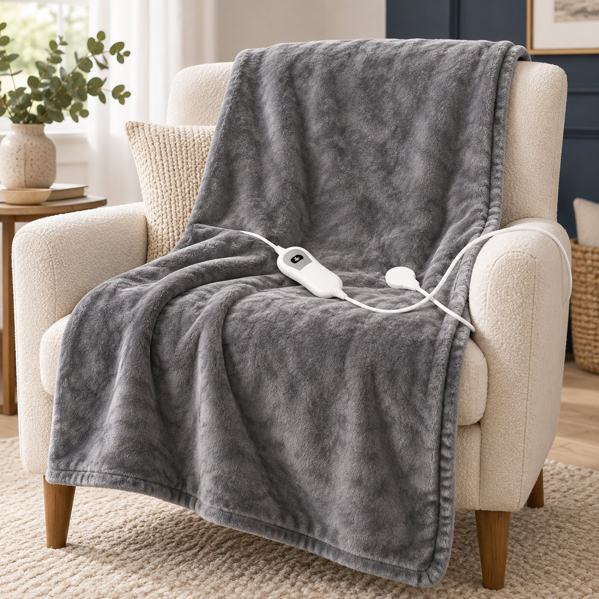 Grey Flannel Heated Throw Blanket – 160 × 120 cm, 3 Heat Settings