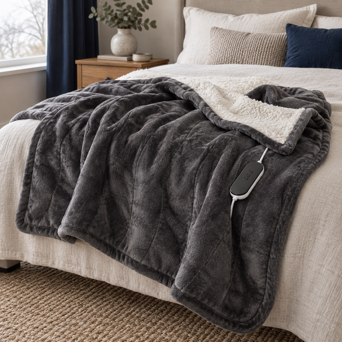 Charcoal Sherpa Heated Throw – Adjustable Heat & Timer