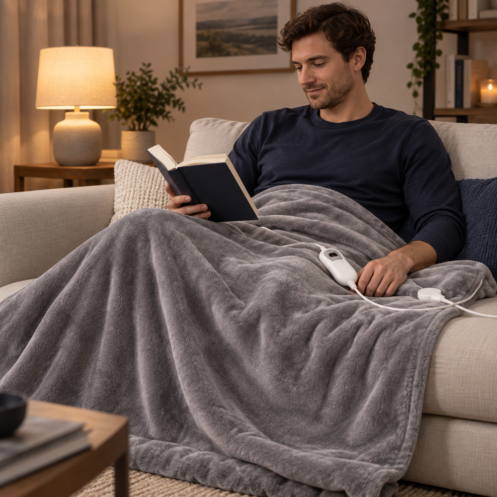 Grey Flannel Heated Throw Blanket – 160 × 120 cm, 3 Heat Settings