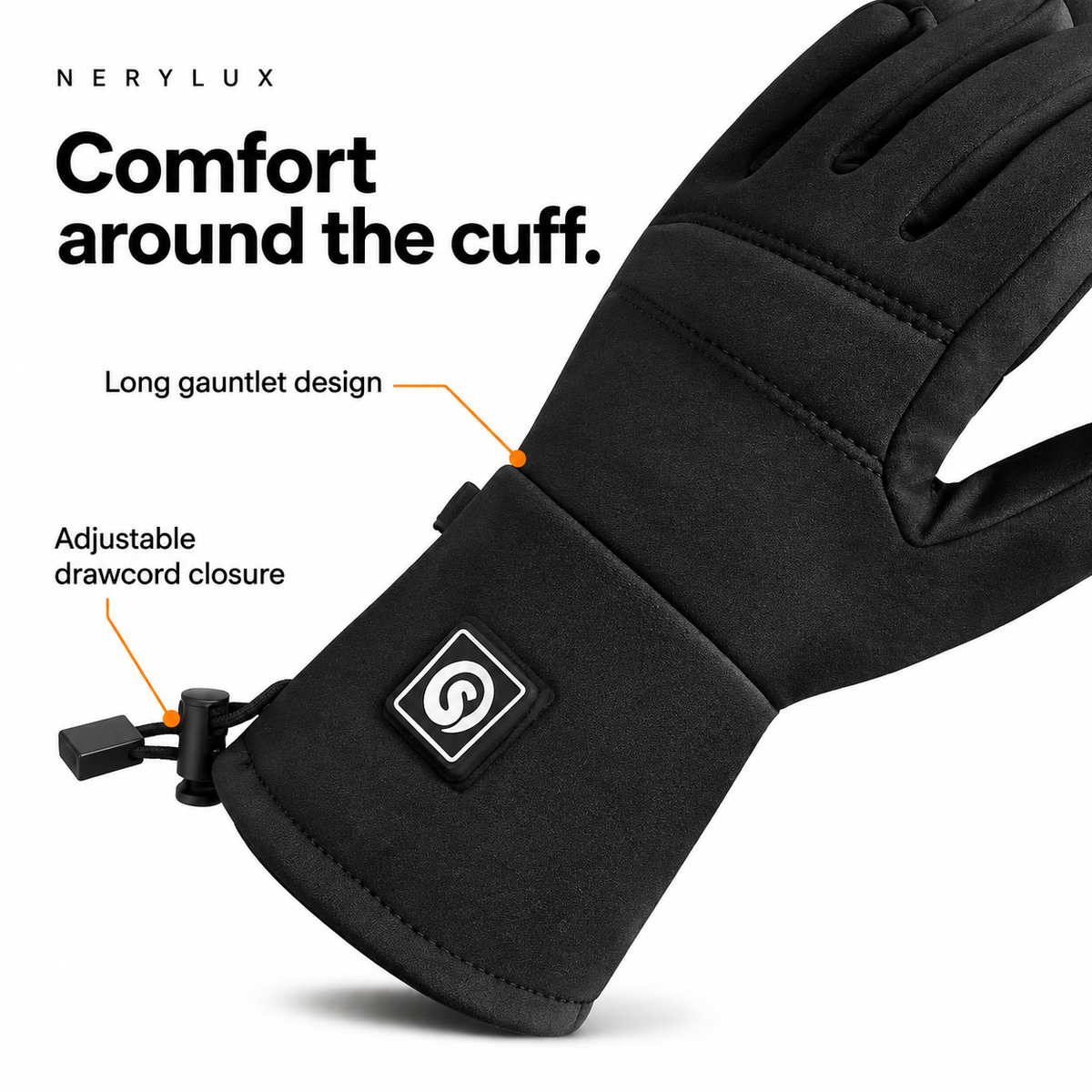 Close-up of a SAVIOR SHGS18 cuff with its heating control and adjustable drawcord.