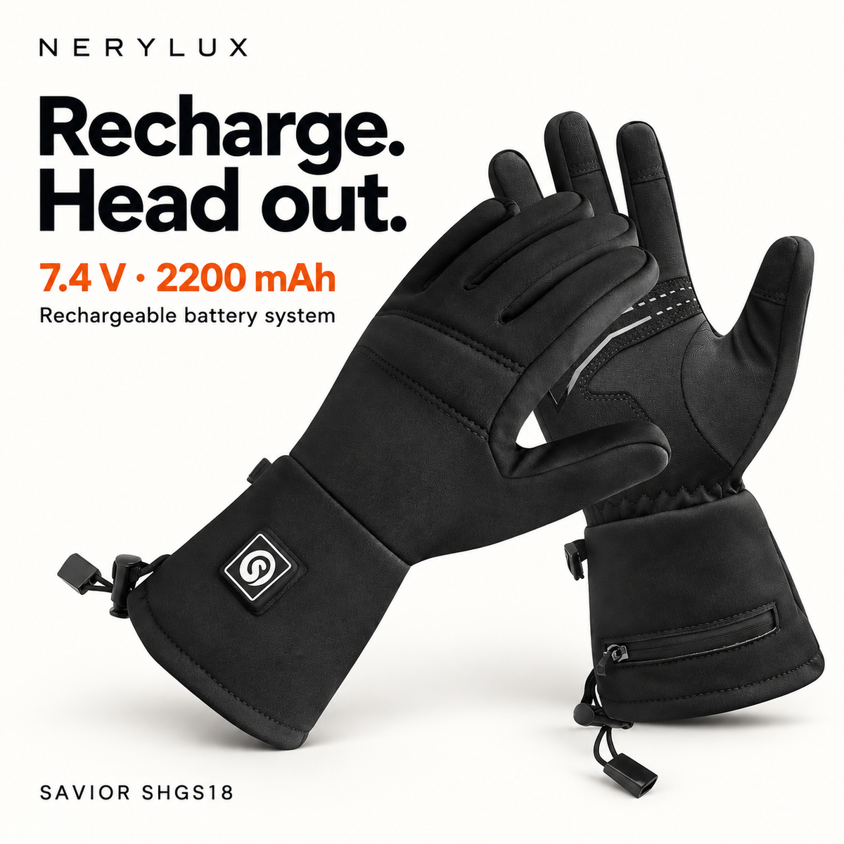 SAVIOR SHGS18 gloves with a 7.4 V, 2200 mAh rechargeable battery specification.