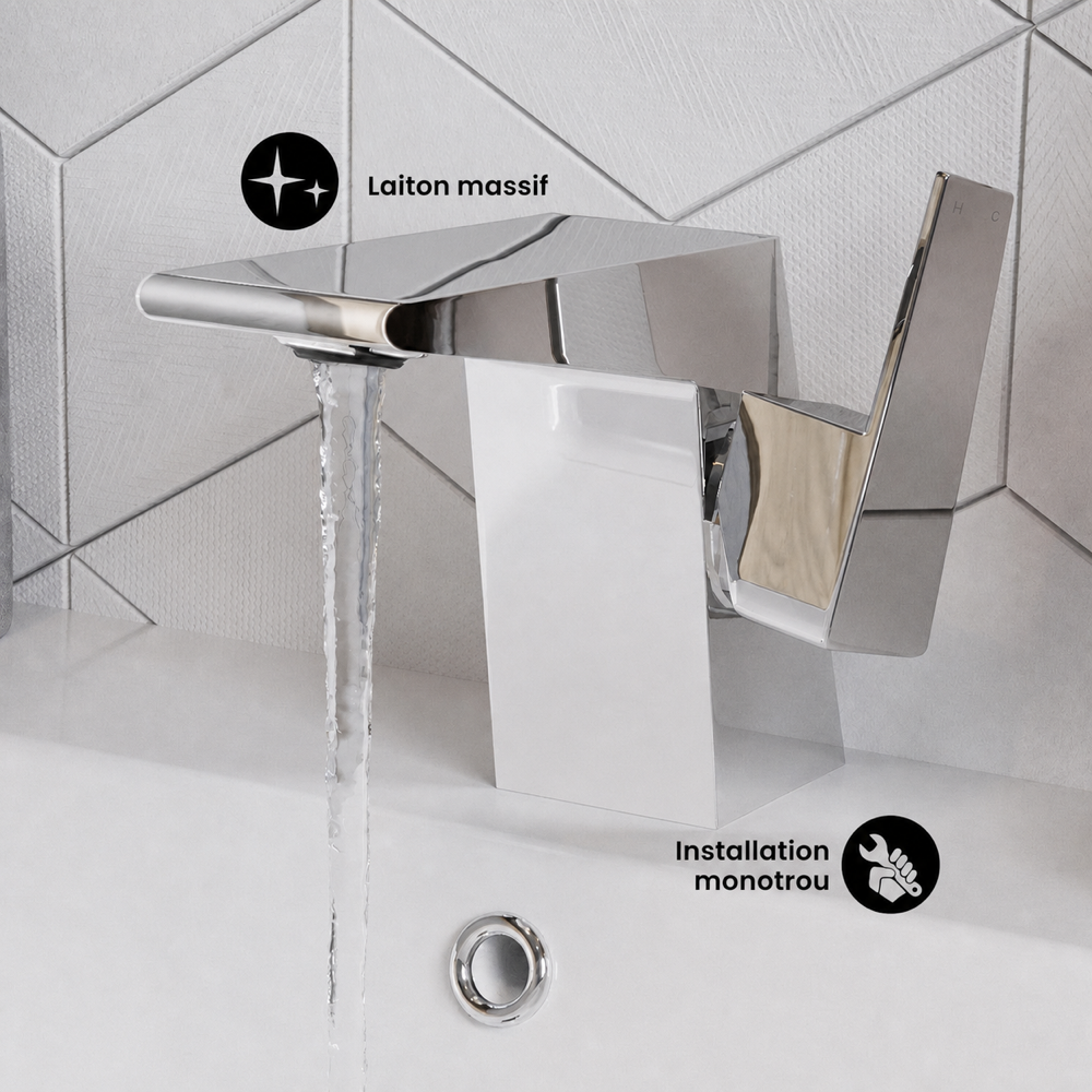 Carre monotrou, monocommande, mitigeur de lavabo – finition Chrome