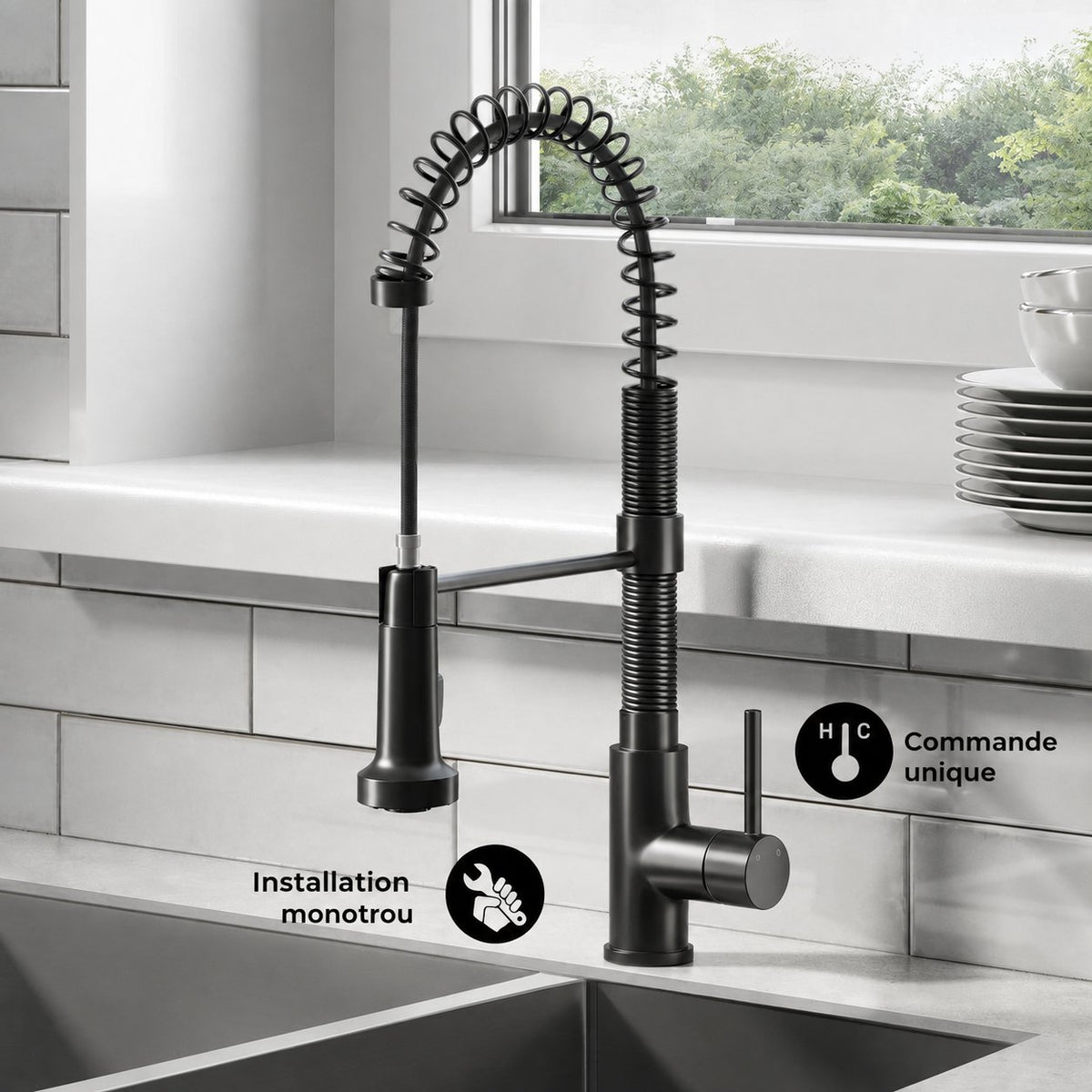 Nouvet Poignée unique, Pull-Down mitigeur de cuisine – finition noir mat