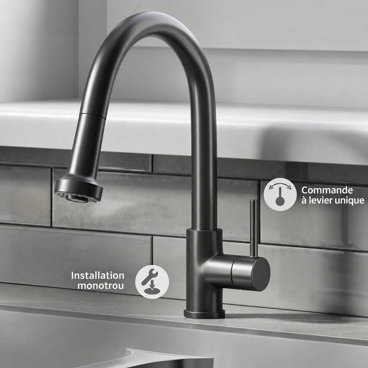 Nouvet Poignée unique, Pull-Down mitigeur de cuisine – finition noir mat