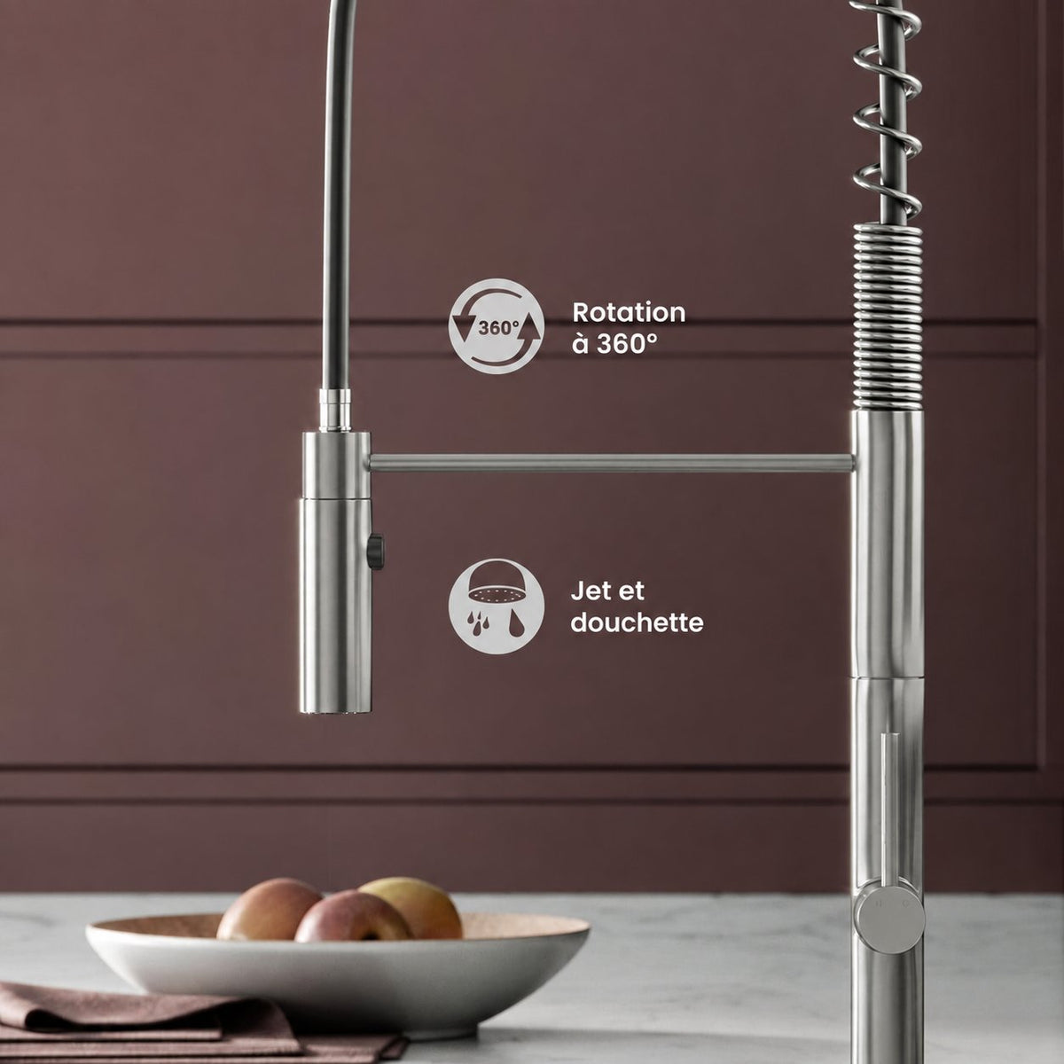 Chalet Poignée unique, Pull-Down mitigeur de cuisine – finition nickel brossé
