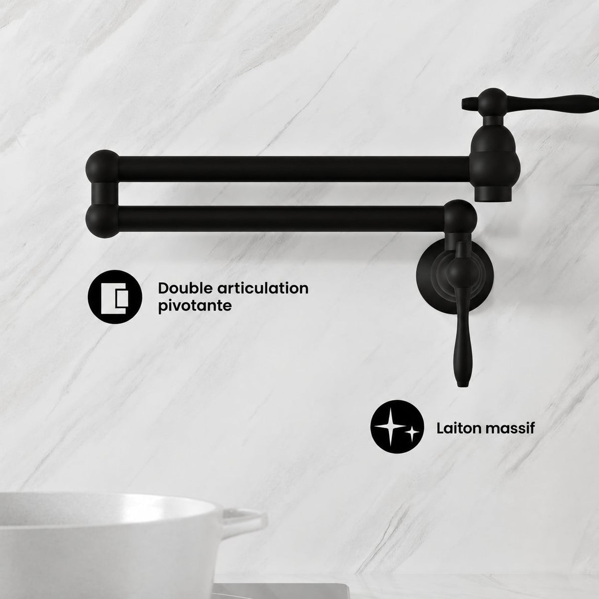 Plaisir Retractable mural Pot Filler robinet – finition noir mat