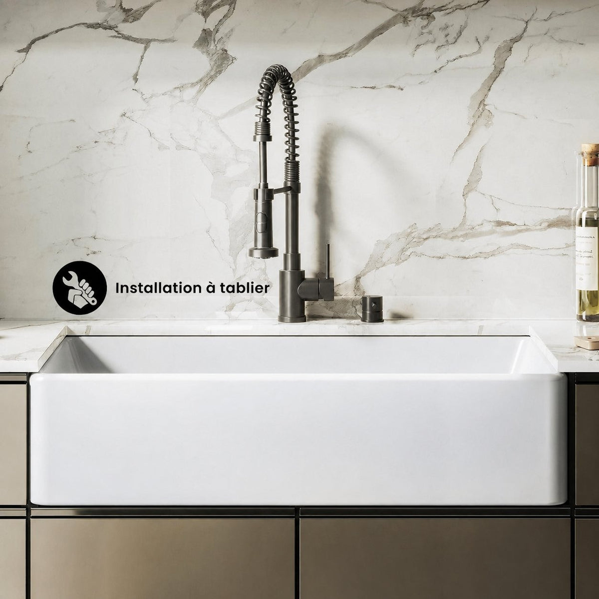 Elegance 91,4 cm x 50,8 cm simple Basin Fireclay Farmhouse évier de cuisine – finition blanc brillant avec acier inoxydable Grid