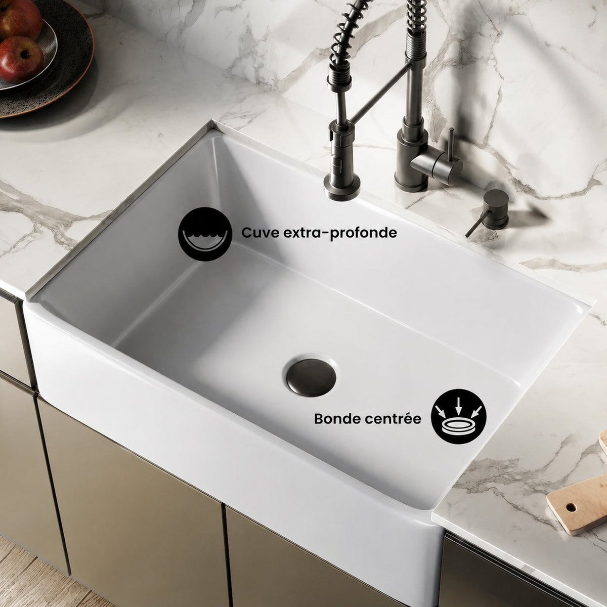 Elegance 76,2 cm x 50,8 cm simple Basin Fireclay Farmhouse évier de cuisine – finition blanc brillant avec acier inoxydable Grid