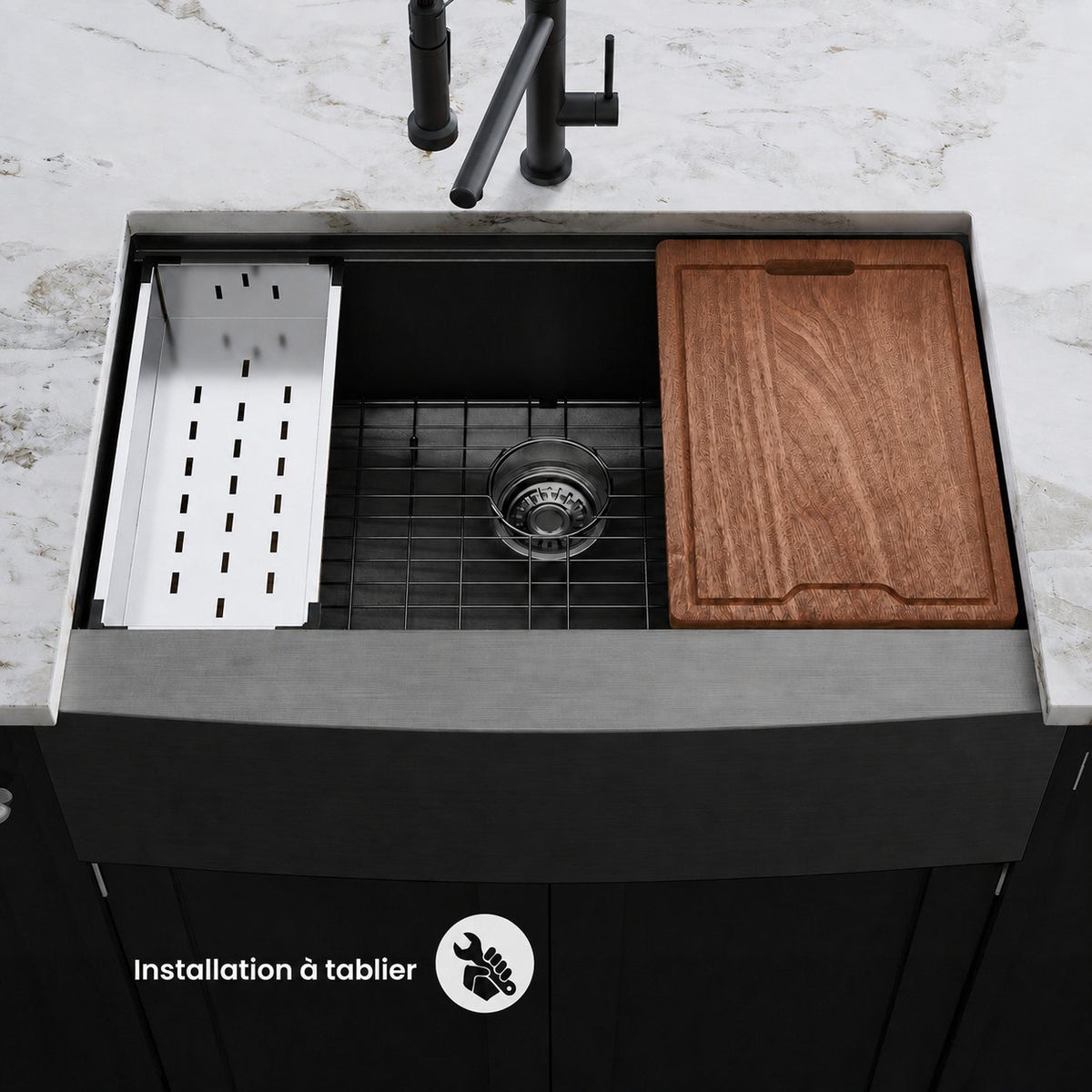 Tourner 83,8 × 55,9 cm acier inoxydable, simple Basin, Farmhouse Kitchen Workstation vasque avec Apron – finition noir