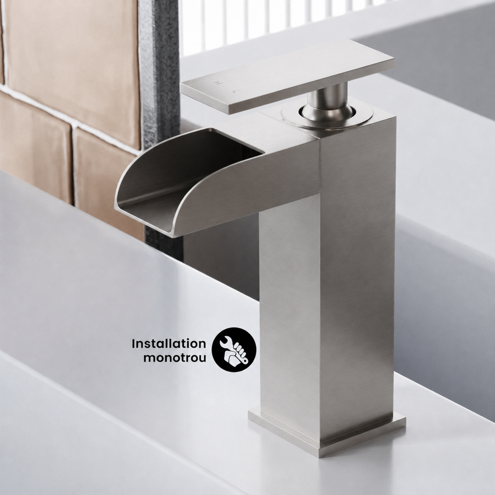 Concorde monotrou, monocommande, Waterfall mitigeur de lavabo – finition nickel brossé
