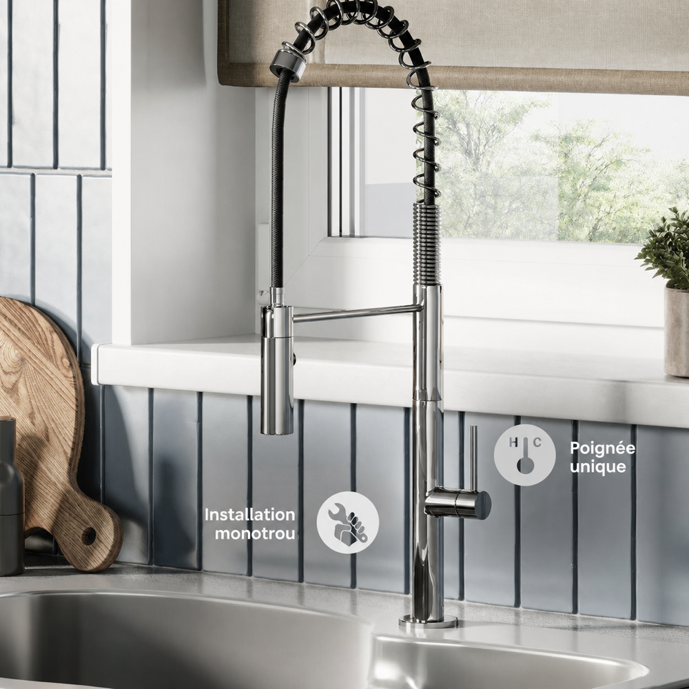 Chalet Poignée unique, Pull-Down mitigeur de cuisine – finition Chrome
