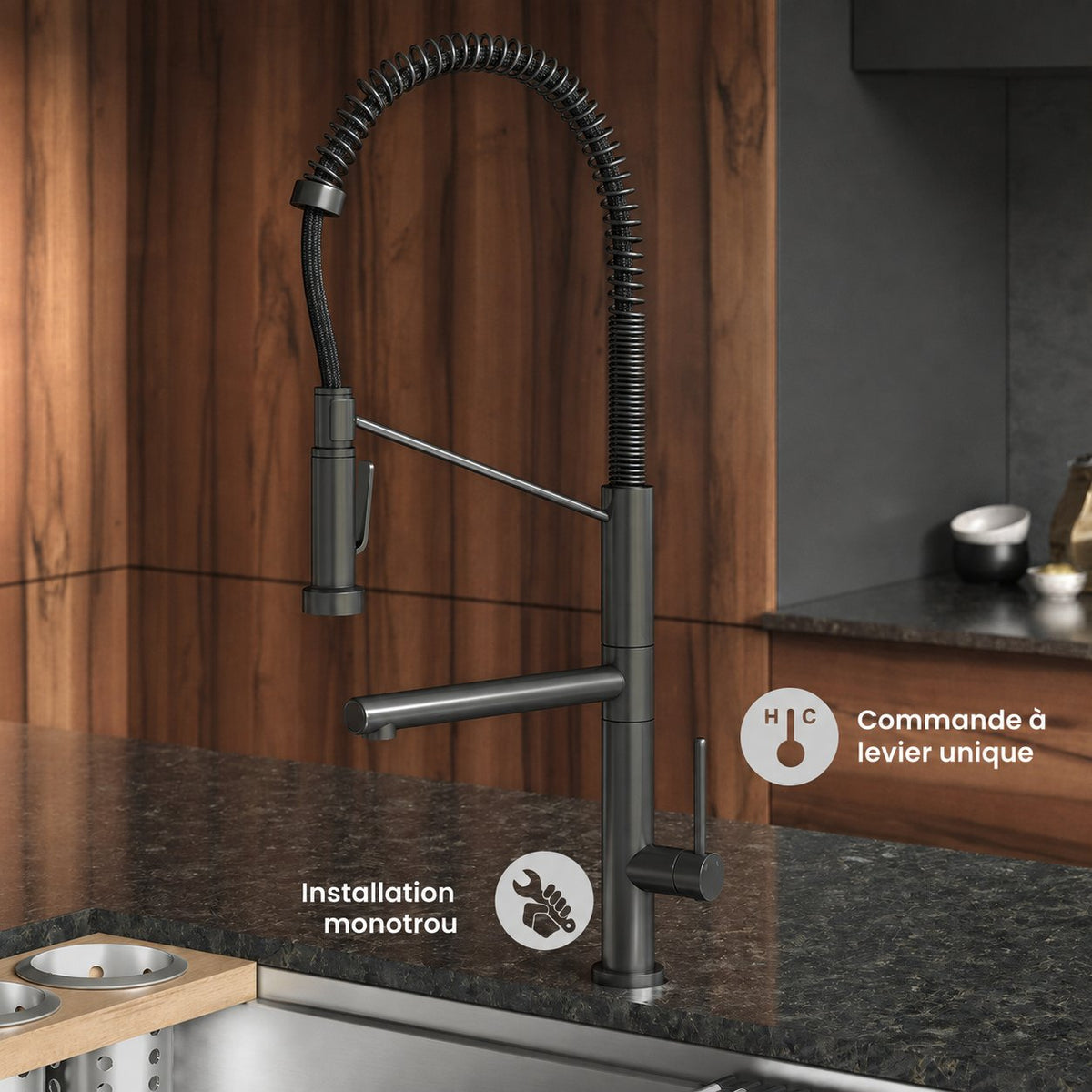 Nouvet Poignée unique, Pull-Down mitigeur de cuisine avec Pot Filler – finition Gunmetal gris