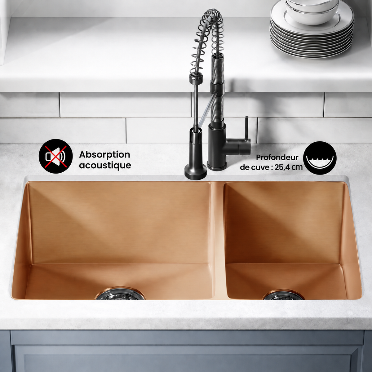 Rivage 83,8 × 50,8 cm acier inoxydable, Dual Basin, Undermount évier de cuisine – finition Rose or
