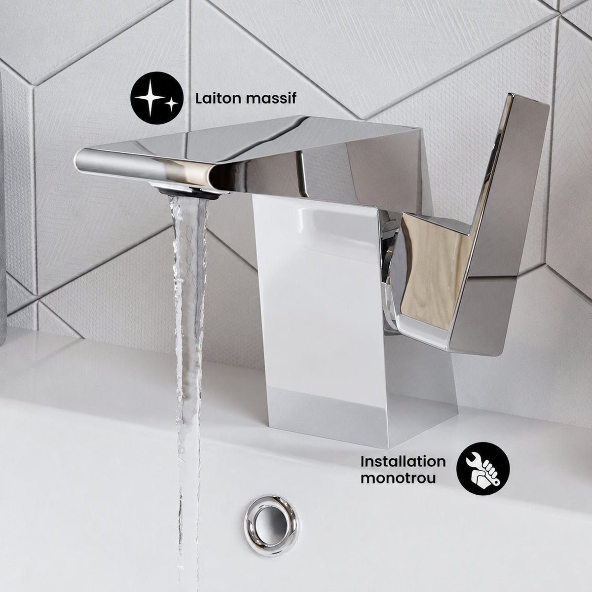 Carre monotrou, monocommande, mitigeur de lavabo – finition Chrome