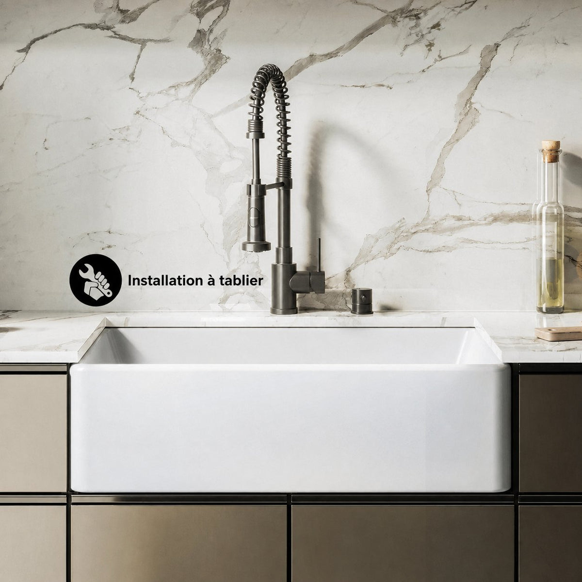 Elegance 76,2 cm x 50,8 cm simple Basin Fireclay Farmhouse évier de cuisine – finition blanc brillant avec acier inoxydable Grid