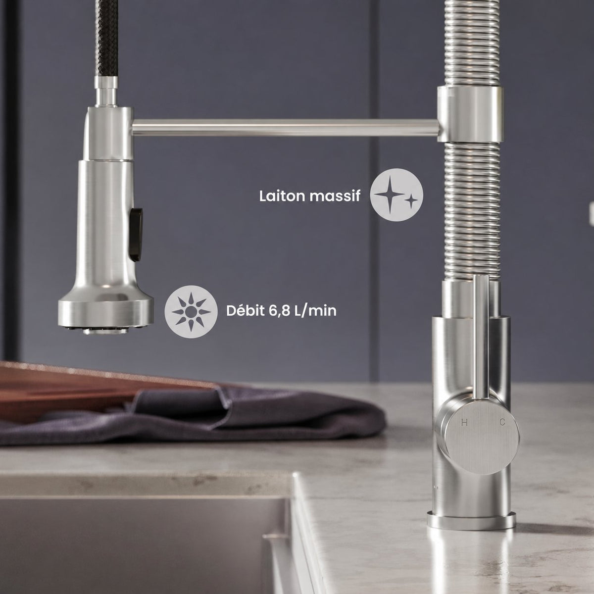 Nouvet Poignée unique, Pull-Down mitigeur de cuisine – finition nickel brossé