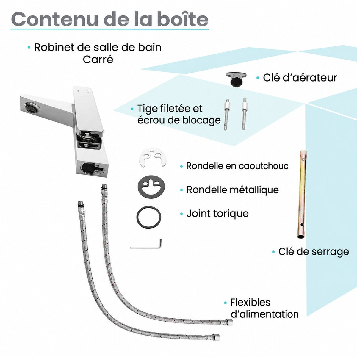 Carre monotrou, monocommande, mitigeur de lavabo – finition Chrome