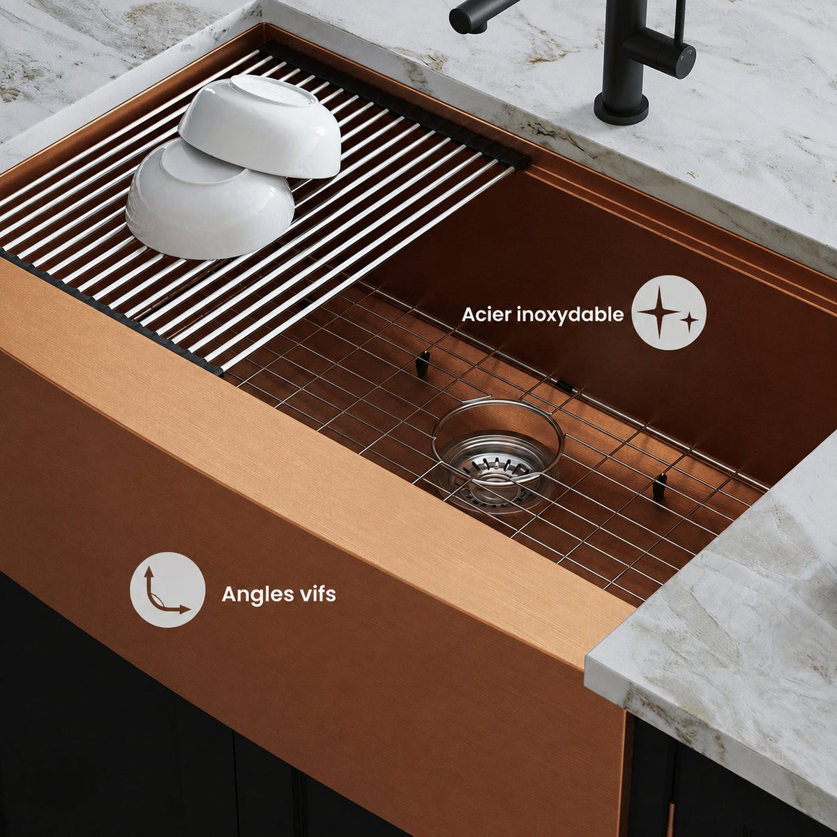 Tourner 83,8 × 55,9 cm acier inoxydable, simple Basin, Farmhouse Kitchen Workstation vasque avec Apron – finition Rose or