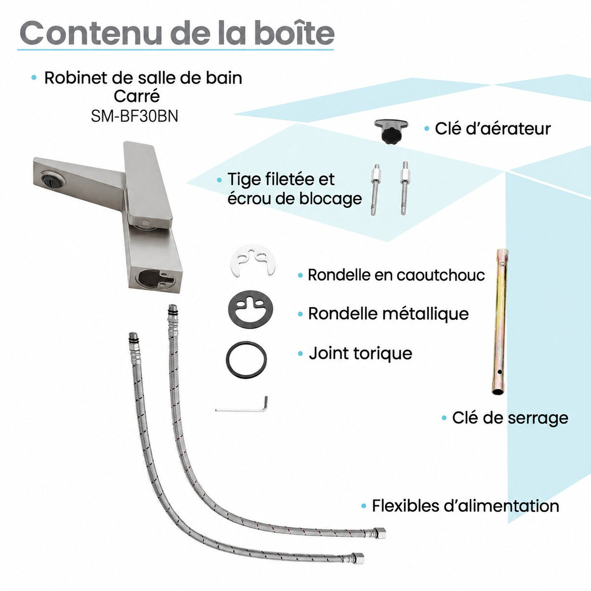 Carre monotrou, monocommande, mitigeur de lavabo – finition nickel brossé