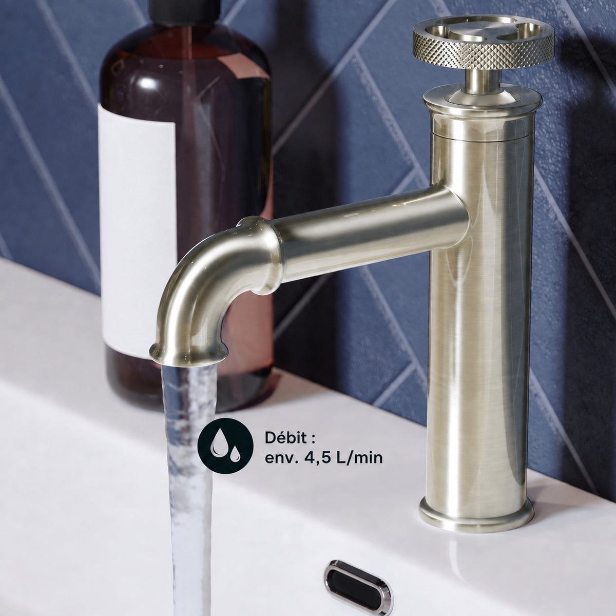 Avallon monotrou, monocommande Wheel, mitigeur de lavabo – finition nickel brossé