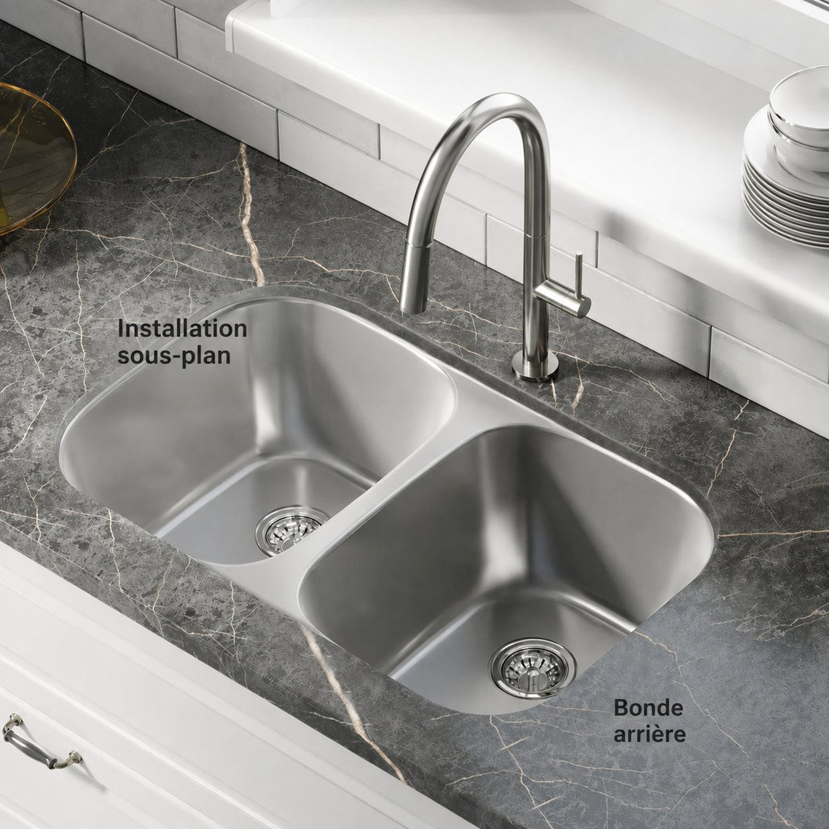 Toulouse 81,3 × 48,3 cm Low Divide acier inoxydable, Dual Basin, Under-Mount évier de cuisine