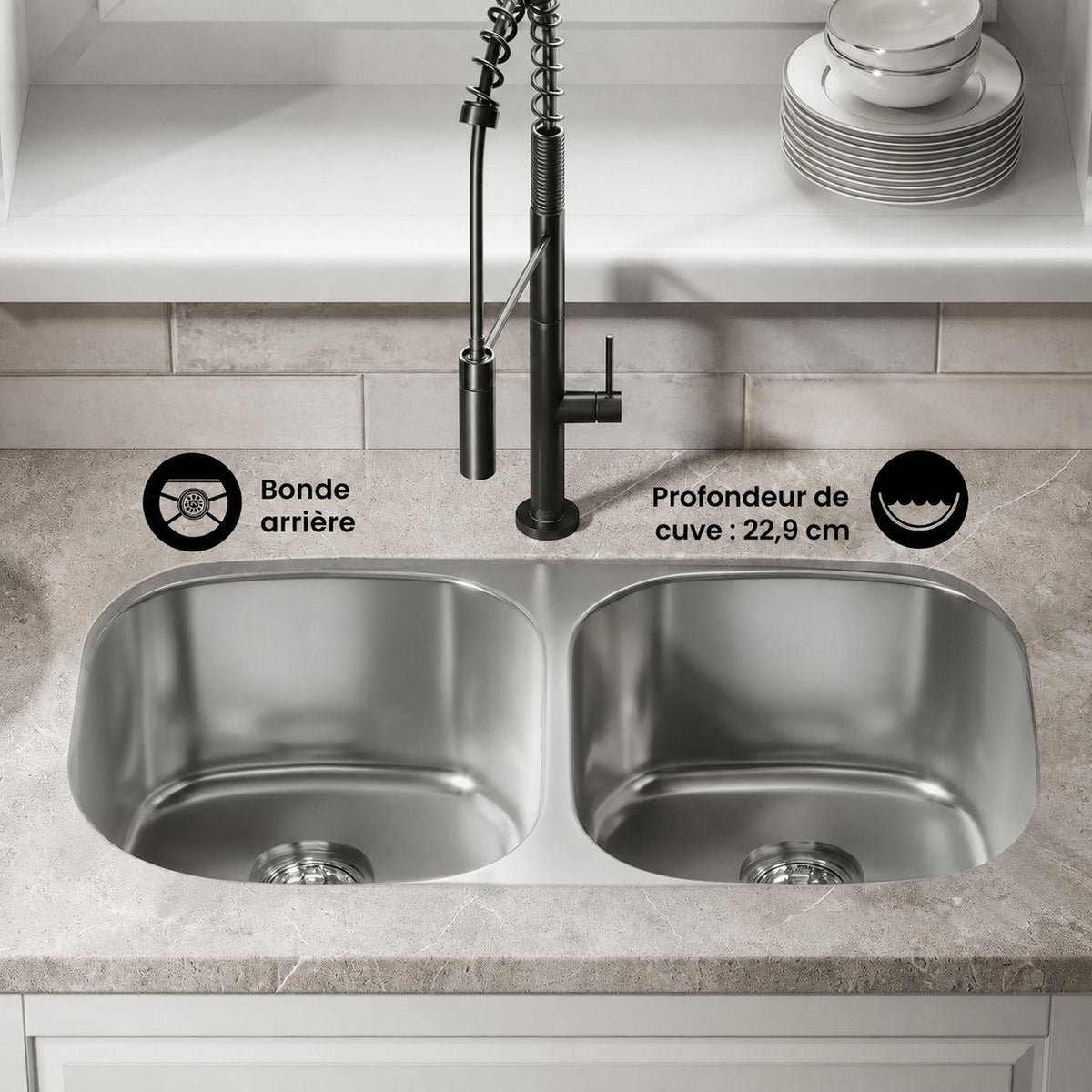 Toulouse 81,3 × 45,7 cm acier inoxydable, Dual Basin, Under-Mount évier de cuisine
