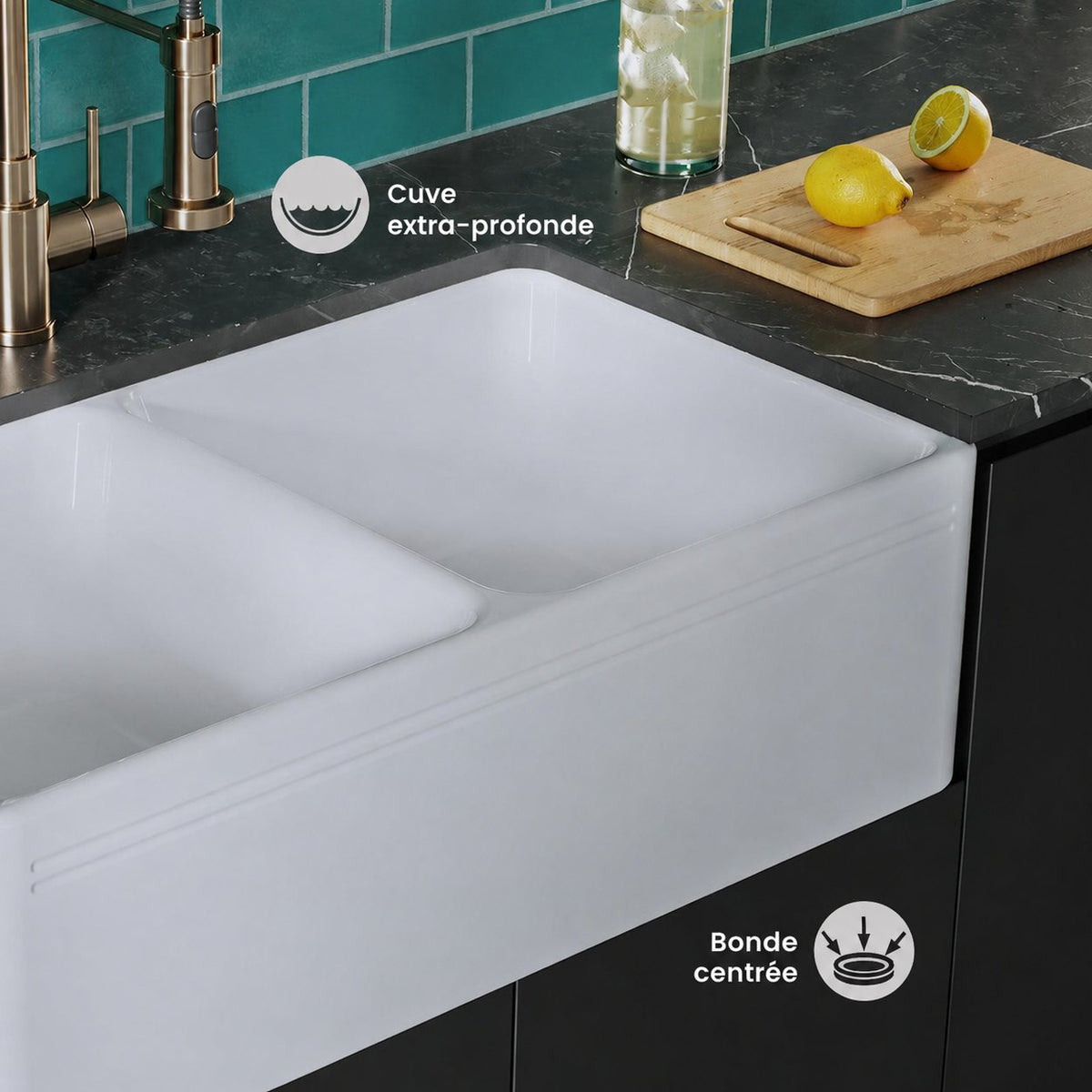 Delice 86,4 cm double Basin céramique Farmhouse évier de cuisine – finition blanc brillant