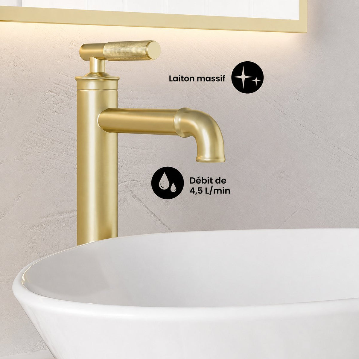 Avallon monotrou, monocommande Sleek, High Arc mitigeur de lavabo – finition or brossé