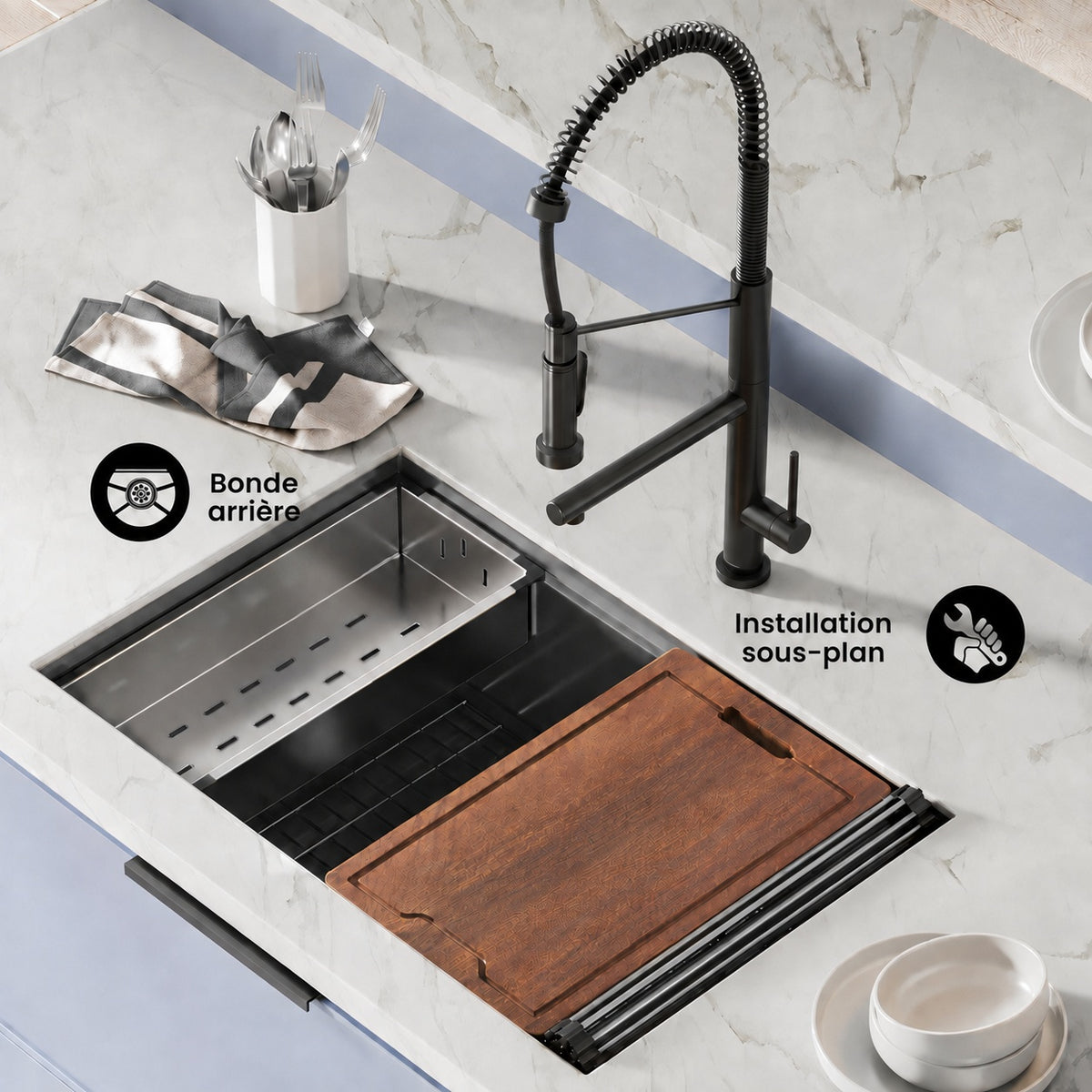 Tourner 76,2 × 48,3 cm acier inoxydable, simple Basin, Undermount Kitchen Workstation vasque – finition noir