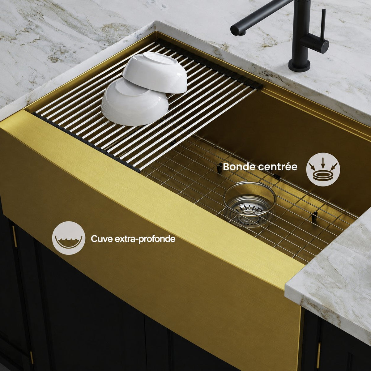 Tourner 83,8 × 55,9 cm acier inoxydable, simple Basin, Farmhouse Kitchen Workstation vasque avec Apron – finition or