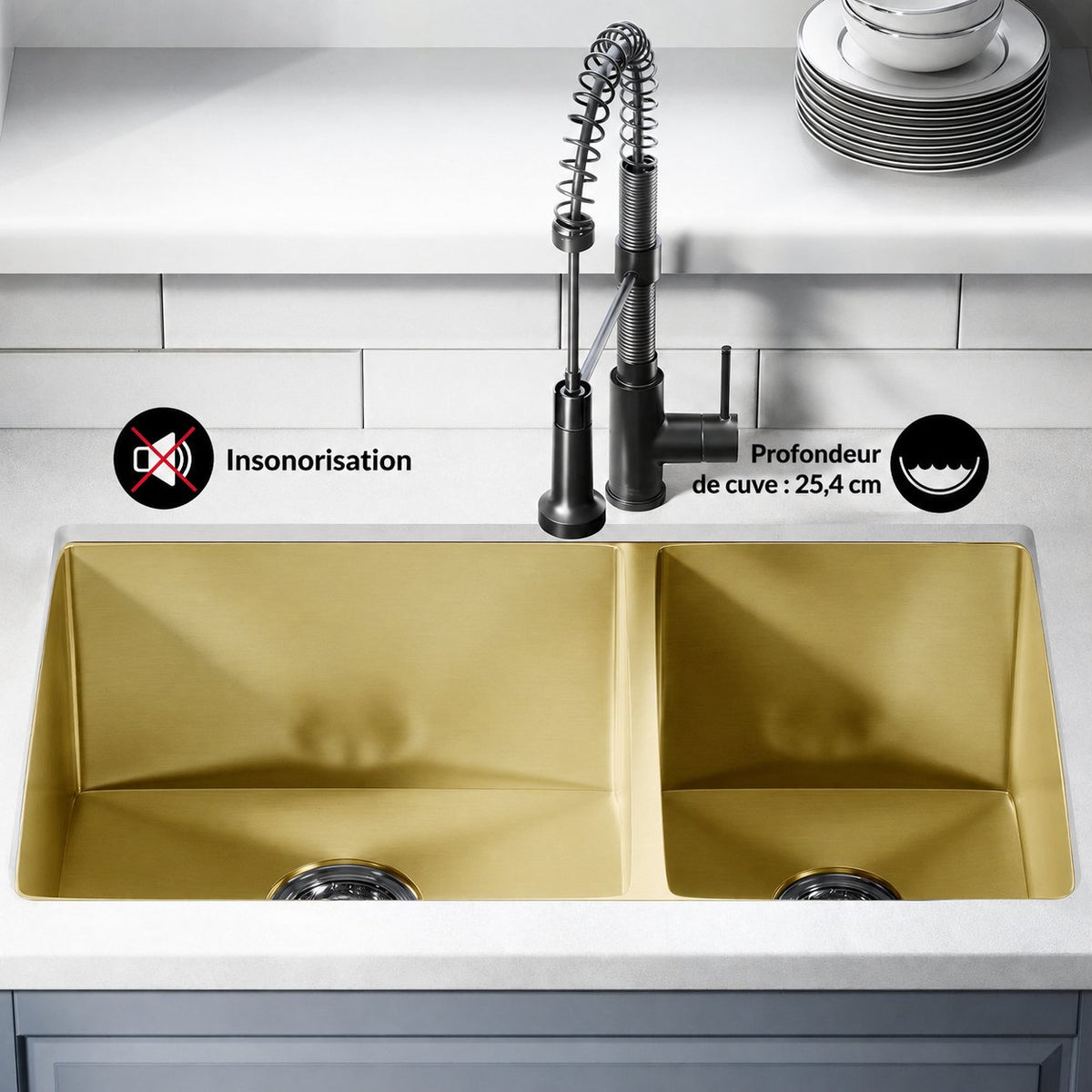 Rivage 83,8 × 50,8 cm acier inoxydable, Dual Basin, Undermount évier de cuisine – finition or
