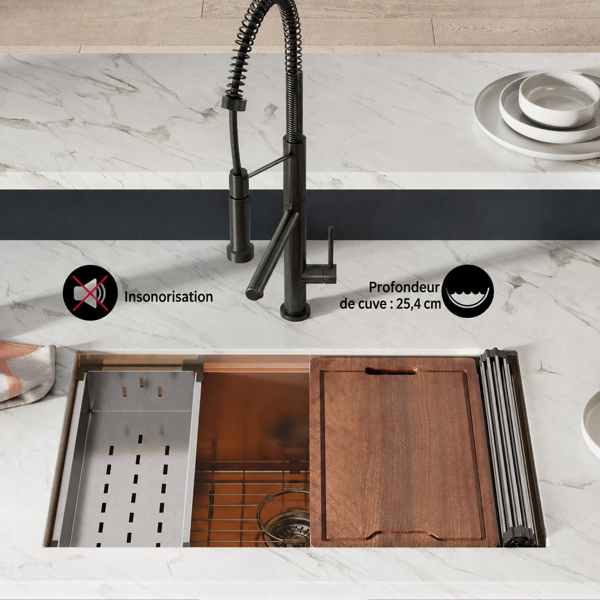 Tourner 76,2 × 48,3 cm acier inoxydable, simple Basin, Undermount Kitchen Workstation vasque – finition Rose or