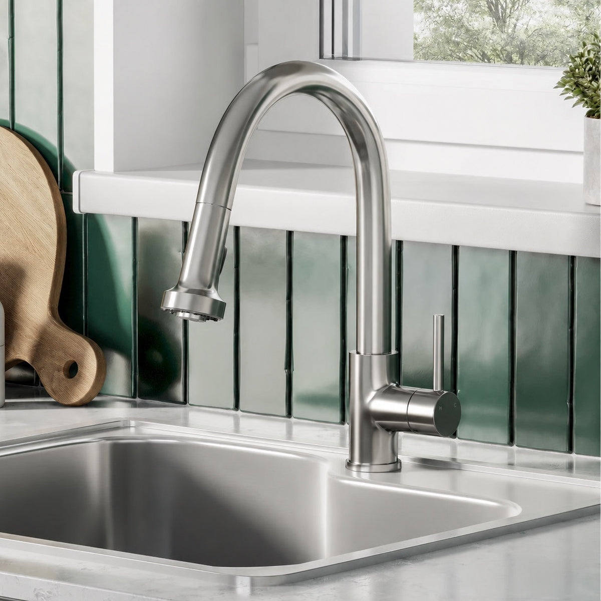 Nouvet Poignée unique, Pull-Down mitigeur de cuisine – finition nickel brossé